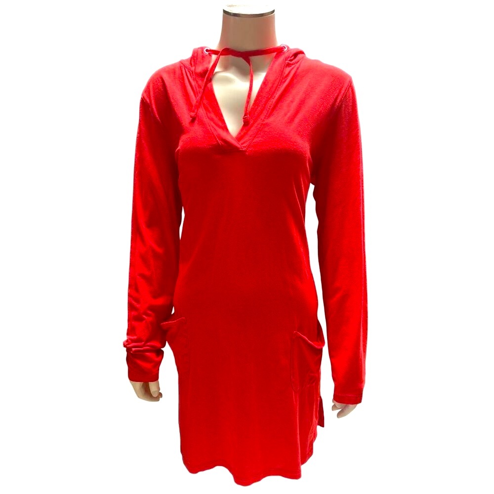 Coolibar Womens UPF 50+ Hooded Tunic Dress C over up M Red Cotton Blend